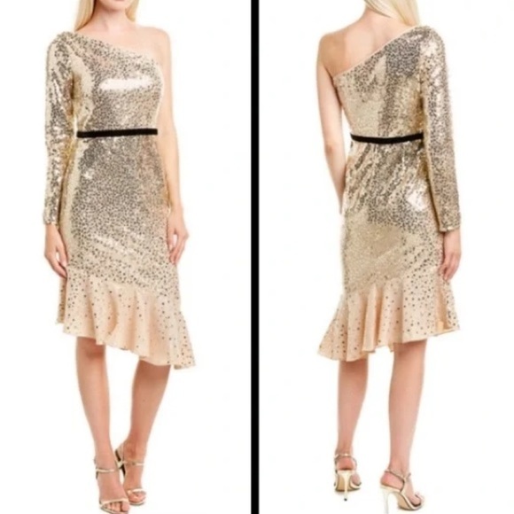 NWT Marchesa Notte Gold Sequin Ruffle Asymmetric One...